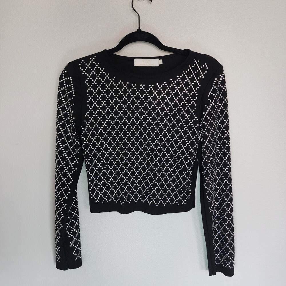 Lizette Collection Black Rhinestone Embellished Long Sleeve Cropped Top
